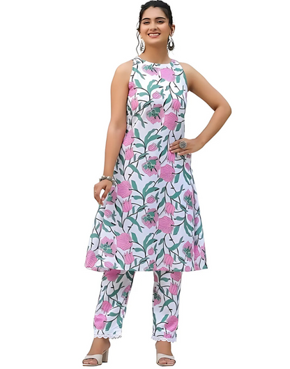Sleeveless Print Kurta Set with Matching Pants - 50% OFF