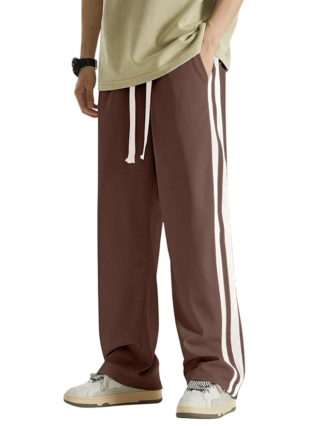 Men’s Brown Track Pants with White Dual Stripes – Relaxed Fit