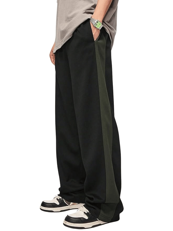Men’s Black Track Pants with Dark Green Side Panel – Relaxed Fit