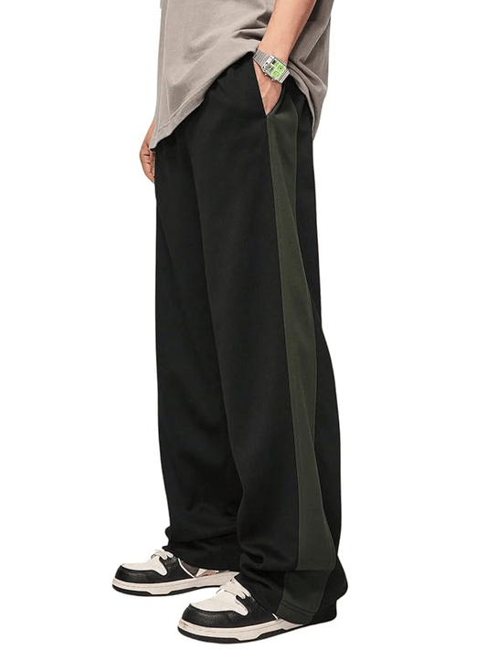 Men’s Black Track Pants with Dark Green Side Panel – Relaxed Fit