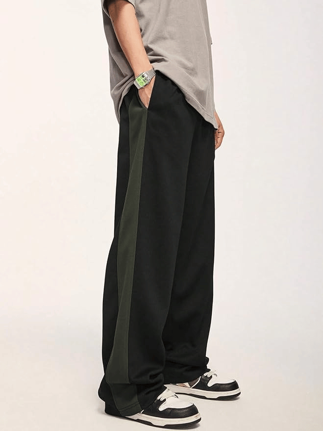 Men’s Black Track Pants with Dark Green Side Panel – Relaxed Fit