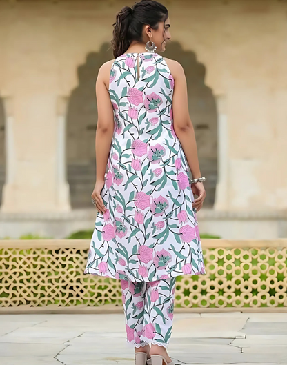 Sleeveless Print Kurta Set with Matching Pants - 50% OFF