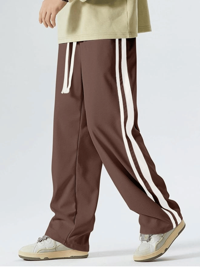 Men’s Brown Track Pants with White Dual Stripes – Relaxed Fit