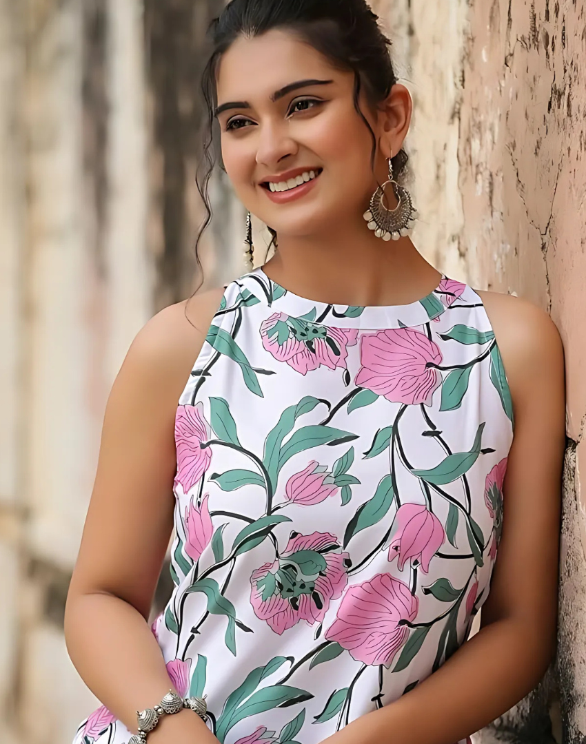 Sleeveless Print Kurta Set with Matching Pants - 50% OFF