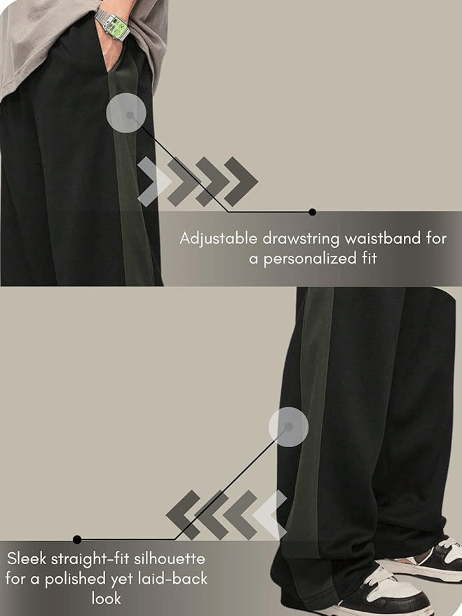 Men’s Black Track Pants with Dark Green Side Panel – Relaxed Fit