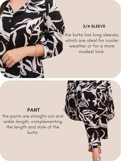 Women’s Black & White Printed Kurta Set – Rayon Kurta with Straight Pants