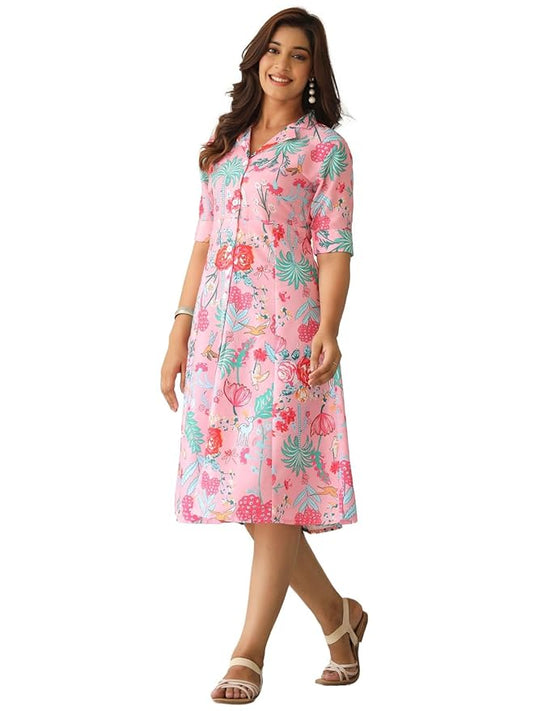 Soft Cotton Floral Printed Rayon Midi Dress with Pockets