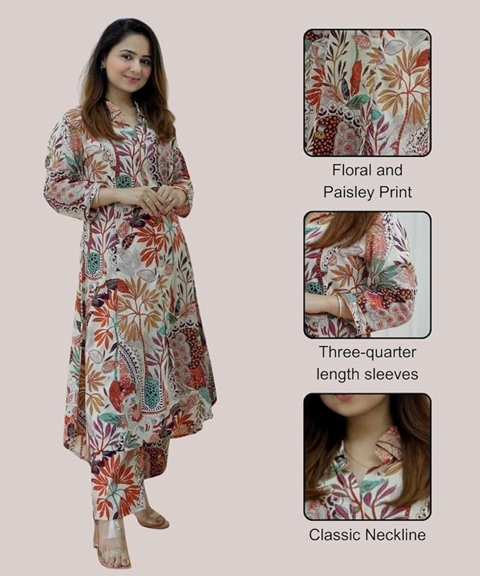 Multicolor Printed Anarkali Kurta Set with Straight Pants