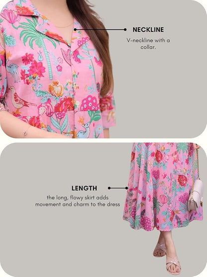 Soft Cotton Floral Printed Rayon Midi Dress with Pockets