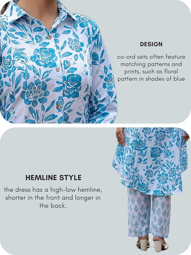 Blue Floral Anarkali Kurta Set with Straight Pants – Rayon, 3/4 Sleeves