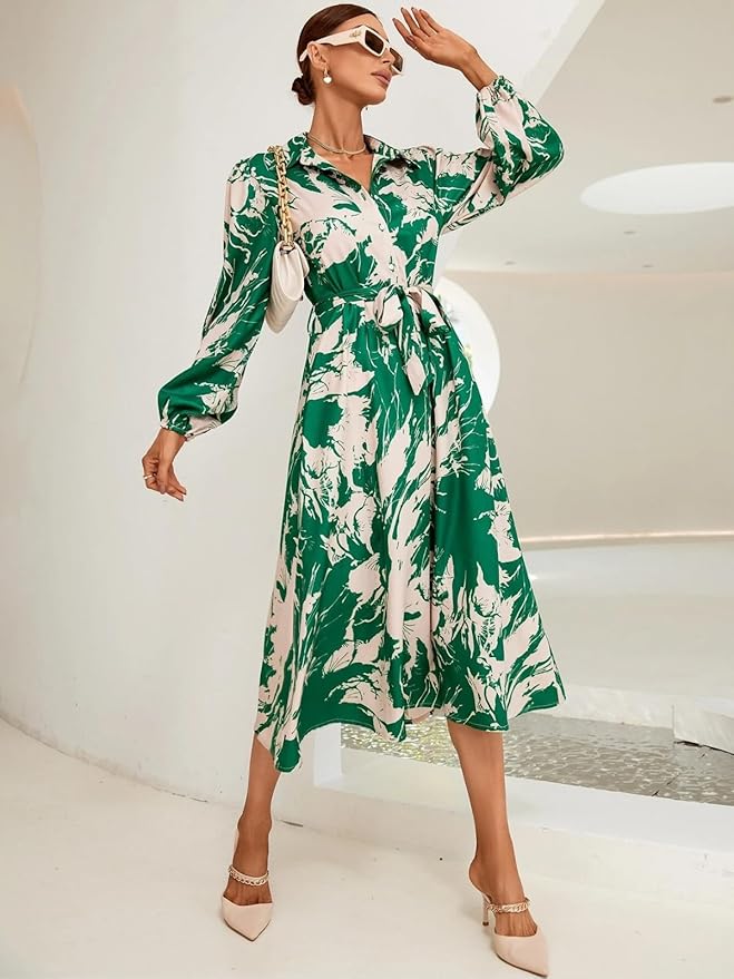 Soft Cotton Abstract Print Satin Midi Dress with Tie Waist