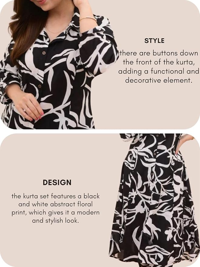 Women’s Black & White Printed Kurta Set – Rayon Kurta with Straight Pants