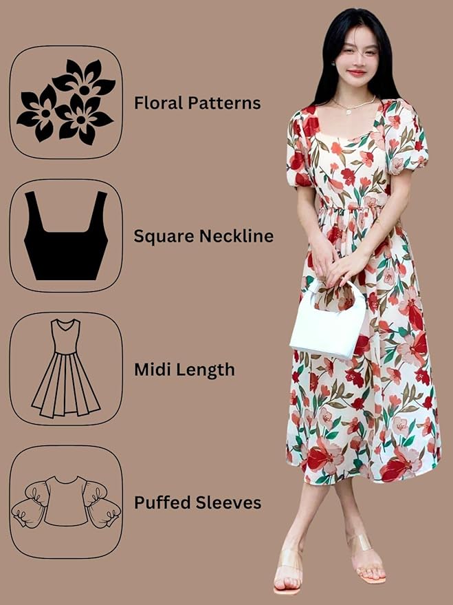 Soft Cotton Leaf Print Midi Dress with Puff Sleeves