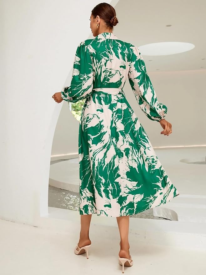 Soft Cotton Abstract Print Satin Midi Dress with Tie Waist