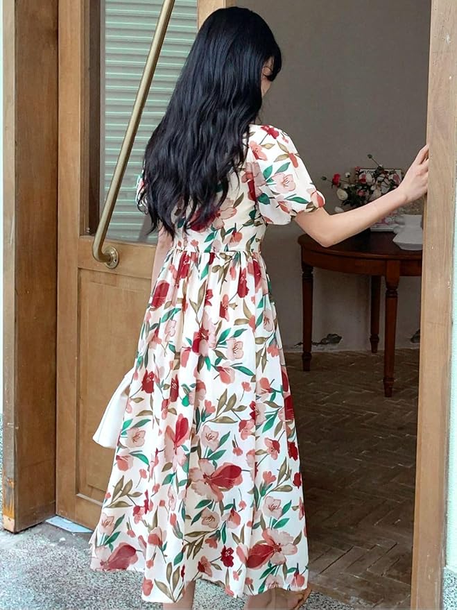 Soft Cotton Leaf Print Midi Dress with Puff Sleeves