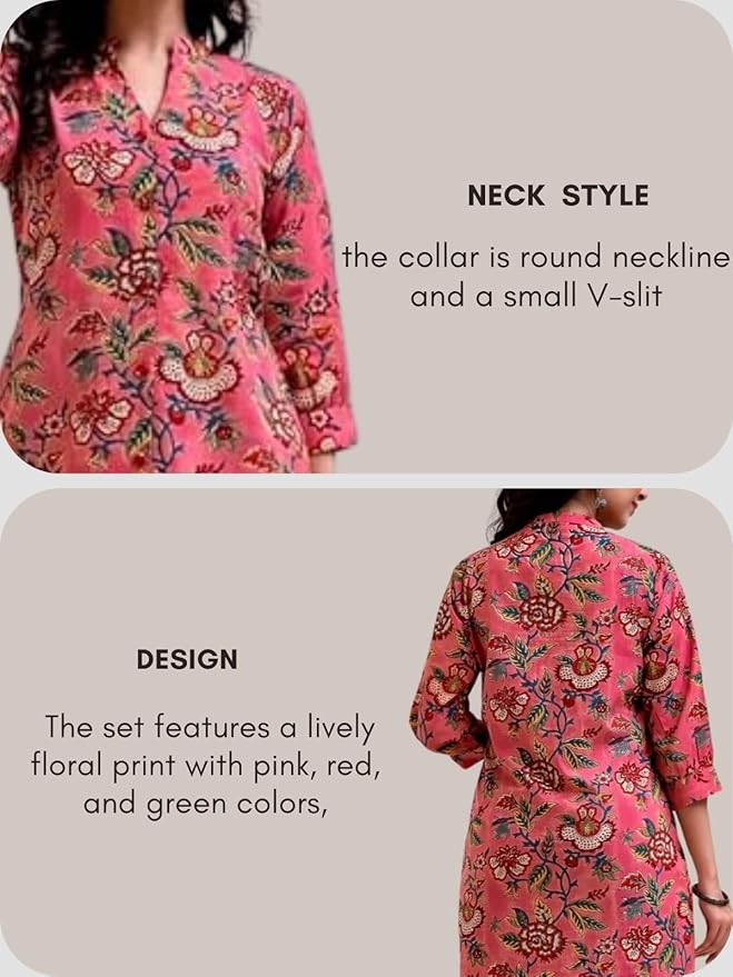 Women’s Pink Floral Kurta Set – Rayon Printed Kurta with Straight Pants