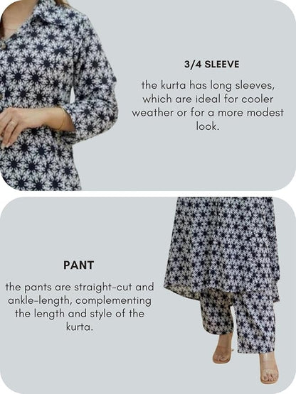 Black & White Floral Kurta Set with Straight Pants