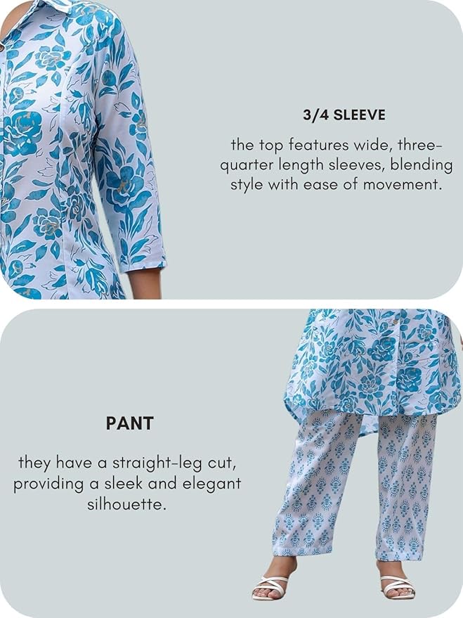 Blue Floral Anarkali Kurta Set with Straight Pants – Rayon, 3/4 Sleeves