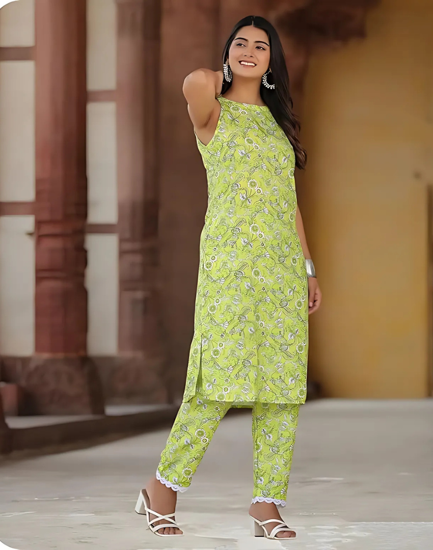 Sleeveless Print Kurta Set with Matching Pants - 50% OFF