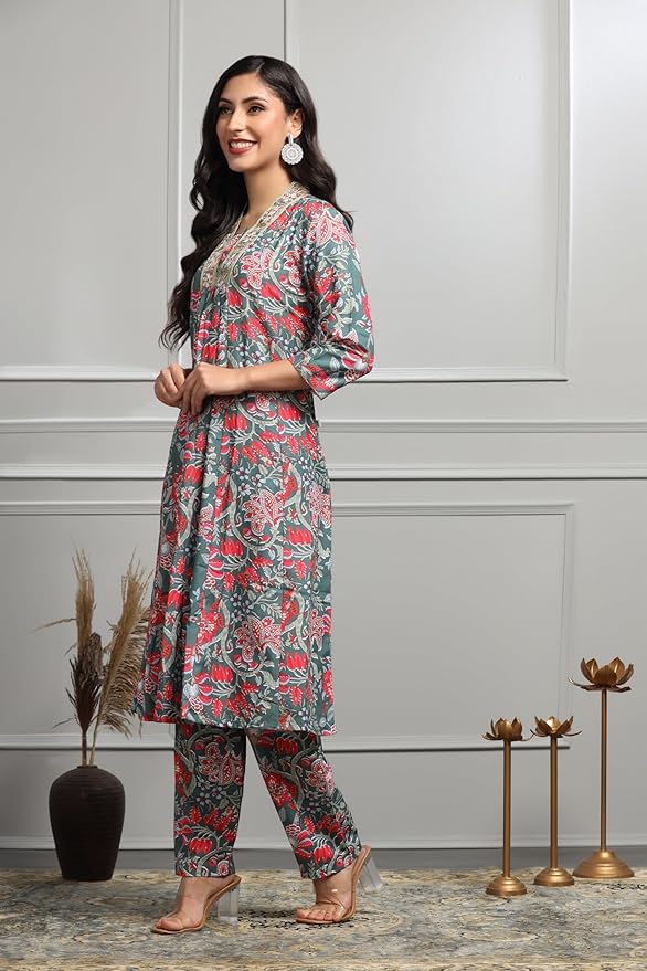 Soft Cotton Alia Cut Floral Kurta Set with Pant