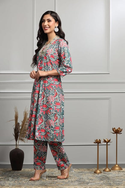 Soft Cotton Alia Cut Floral Kurta Set with Pant
