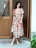 Soft Cotton Leaf Print Midi Dress with Puff Sleeves