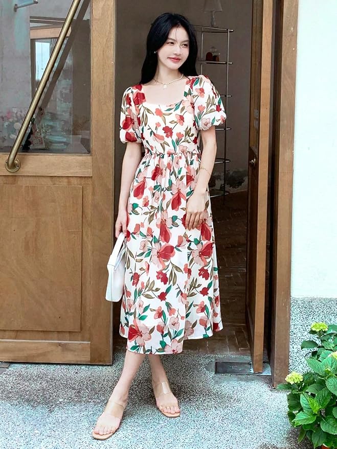 Soft Cotton Leaf Print Midi Dress with Puff Sleeves