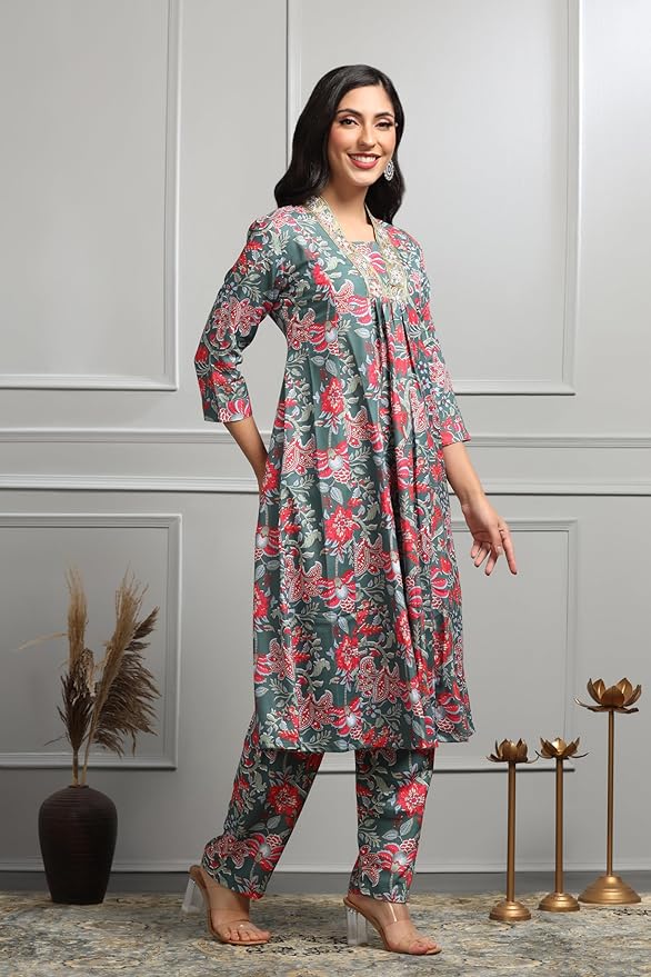 Soft Cotton Alia Cut Floral Kurta Set with Pant