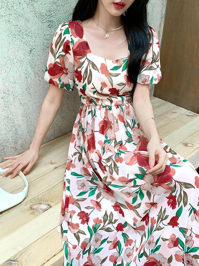 Soft Cotton Leaf Print Midi Dress with Puff Sleeves