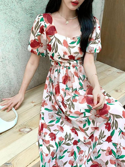 Soft Cotton Leaf Print Midi Dress with Puff Sleeves