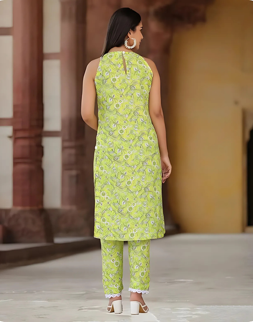 Sleeveless Print Kurta Set with Matching Pants - 50% OFF