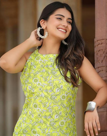 Sleeveless Print Kurta Set with Matching Pants - 50% OFF