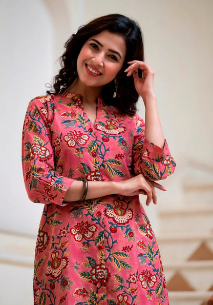 Women’s Pink Floral Kurta Set – Rayon Printed Kurta with Straight Pants