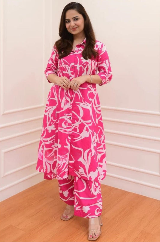 Floral Anarkali Kurta Set with Straight Pants – Rayon Fabric, 3/4 Sleeves