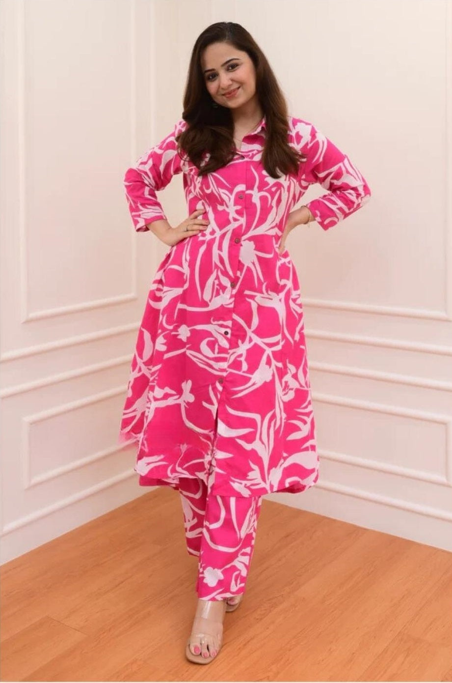 Floral Anarkali Kurta Set with Straight Pants – Rayon Fabric, 3/4 Sleeves