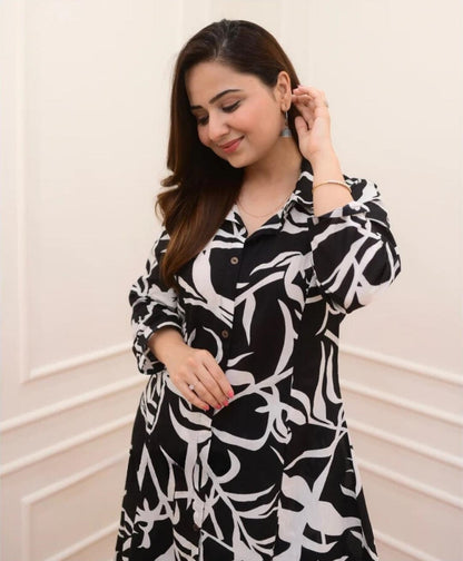 Women’s Black & White Printed Kurta Set – Rayon Kurta with Straight Pants