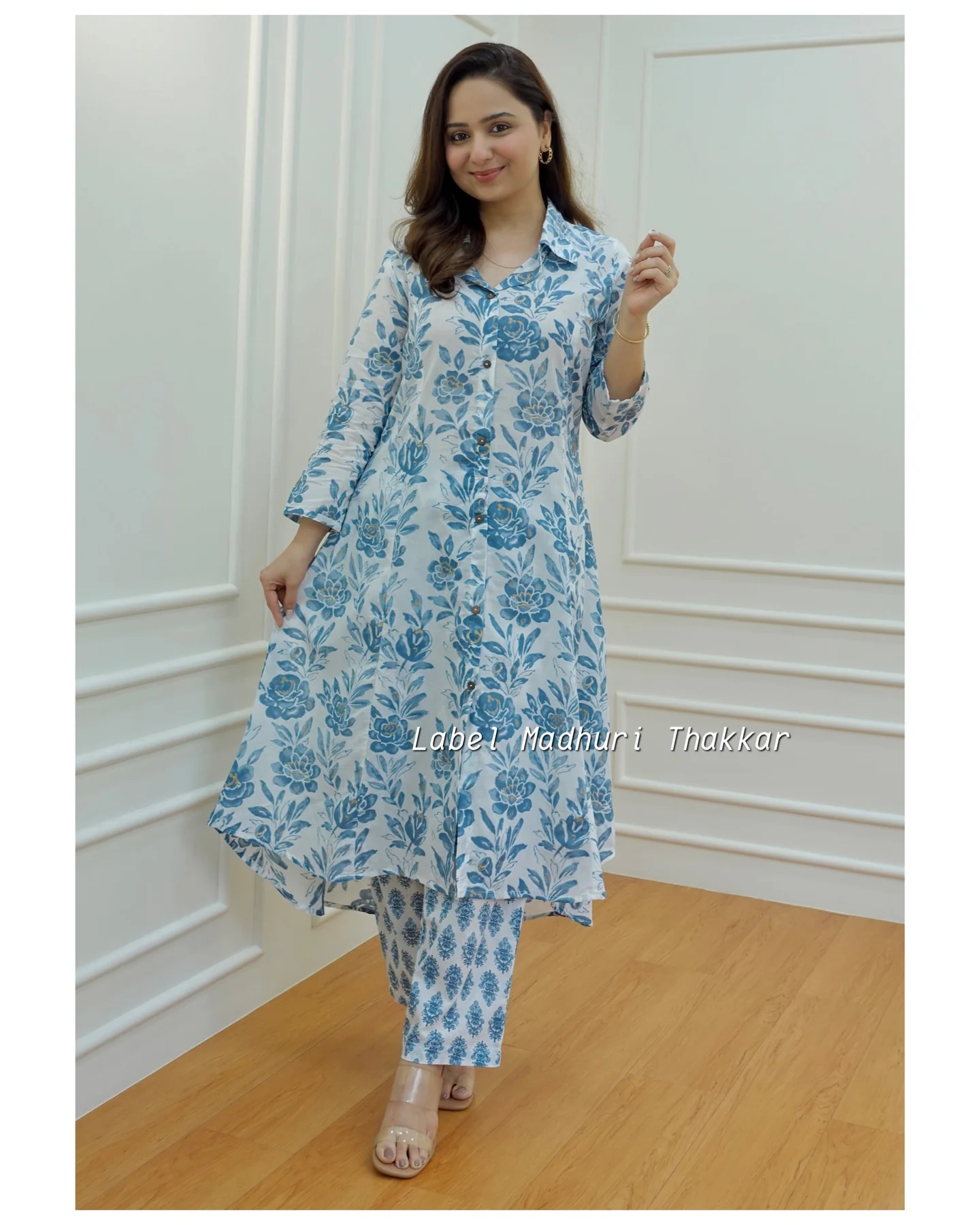 Blue Floral Anarkali Kurta Set with Straight Pants – Rayon, 3/4 Sleeves