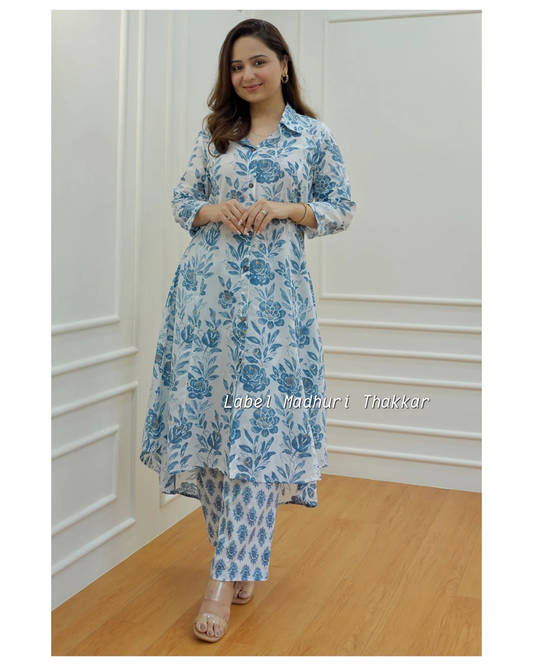 Blue Floral Anarkali Kurta Set with Straight Pants – Rayon, 3/4 Sleeves