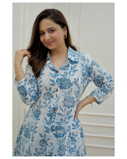 Blue Floral Anarkali Kurta Set with Straight Pants – Rayon, 3/4 Sleeves