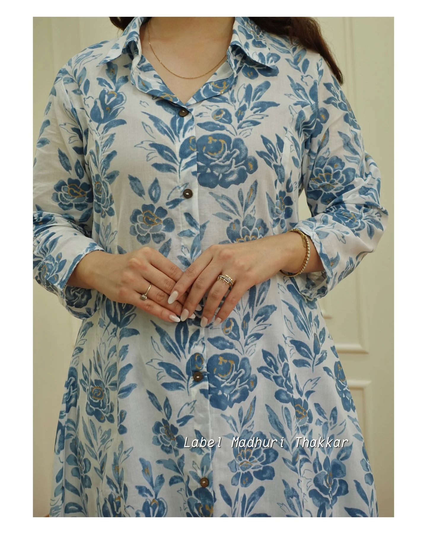 Blue Floral Anarkali Kurta Set with Straight Pants – Rayon, 3/4 Sleeves