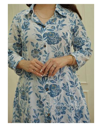 Blue Floral Anarkali Kurta Set with Straight Pants – Rayon, 3/4 Sleeves