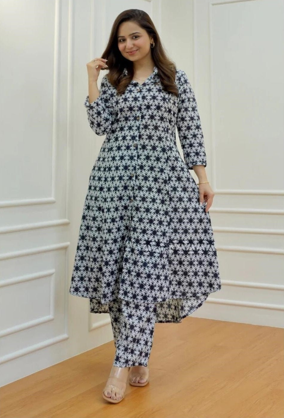 Black & White Floral Kurta Set with Straight Pants