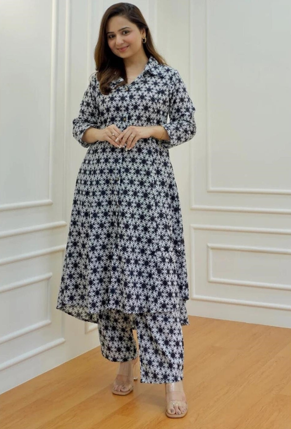 Black & White Floral Kurta Set with Straight Pants