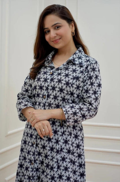 Black & White Floral Kurta Set with Straight Pants