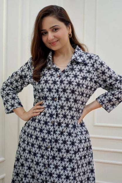 Black & White Floral Kurta Set with Straight Pants