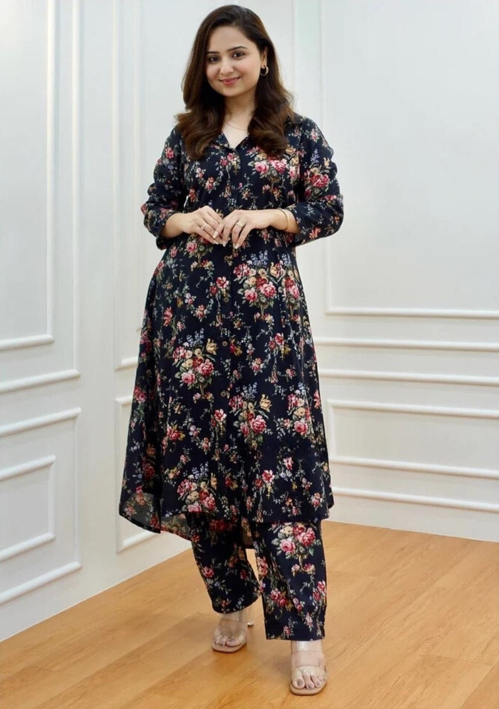 Women’s Black Floral Kurta Set – Rayon Kurta with Matching Pants