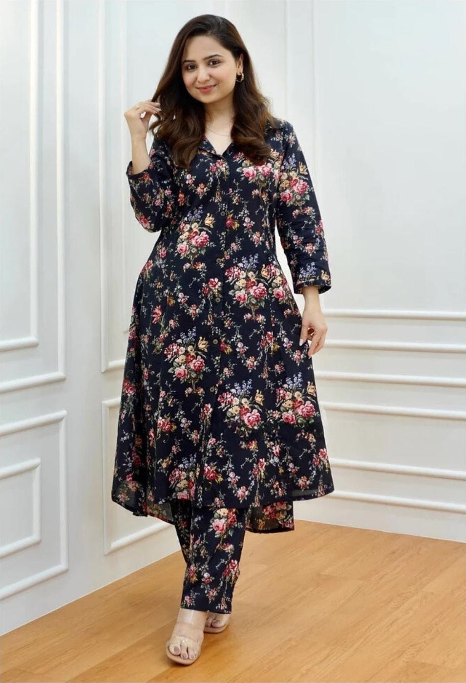 Women’s Black Floral Kurta Set – Rayon Kurta with Matching Pants