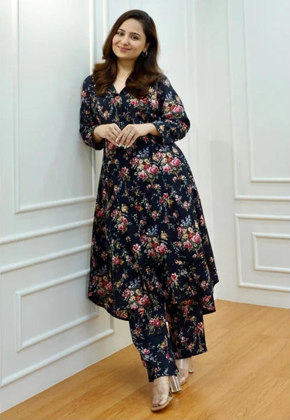 Women’s Black Floral Kurta Set – Rayon Kurta with Matching Pants