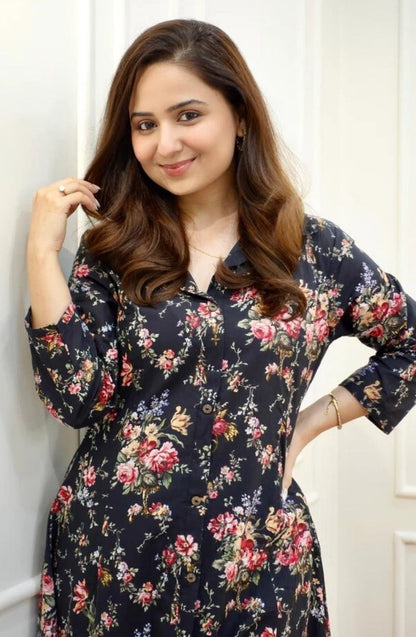 Women’s Black Floral Kurta Set – Rayon Kurta with Matching Pants