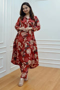 Red Floral Anarkali Kurta Set with Straight Pants